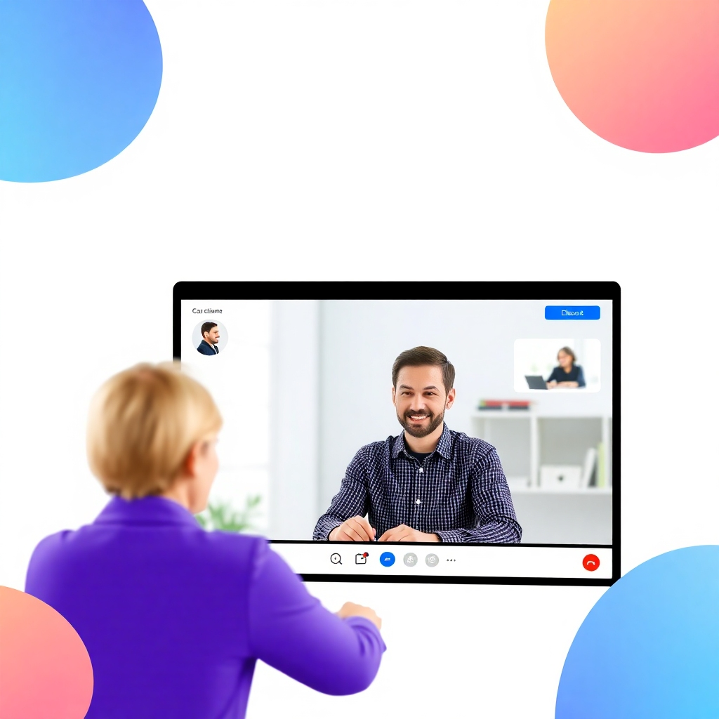 Image of an agent engaging in a video chat with a client using our platform. Visuals should display clear communication, interaction, and collaboration. Style references: online communication tools, video conferencing apps. The image should convey smooth communication between clients and sales agents.