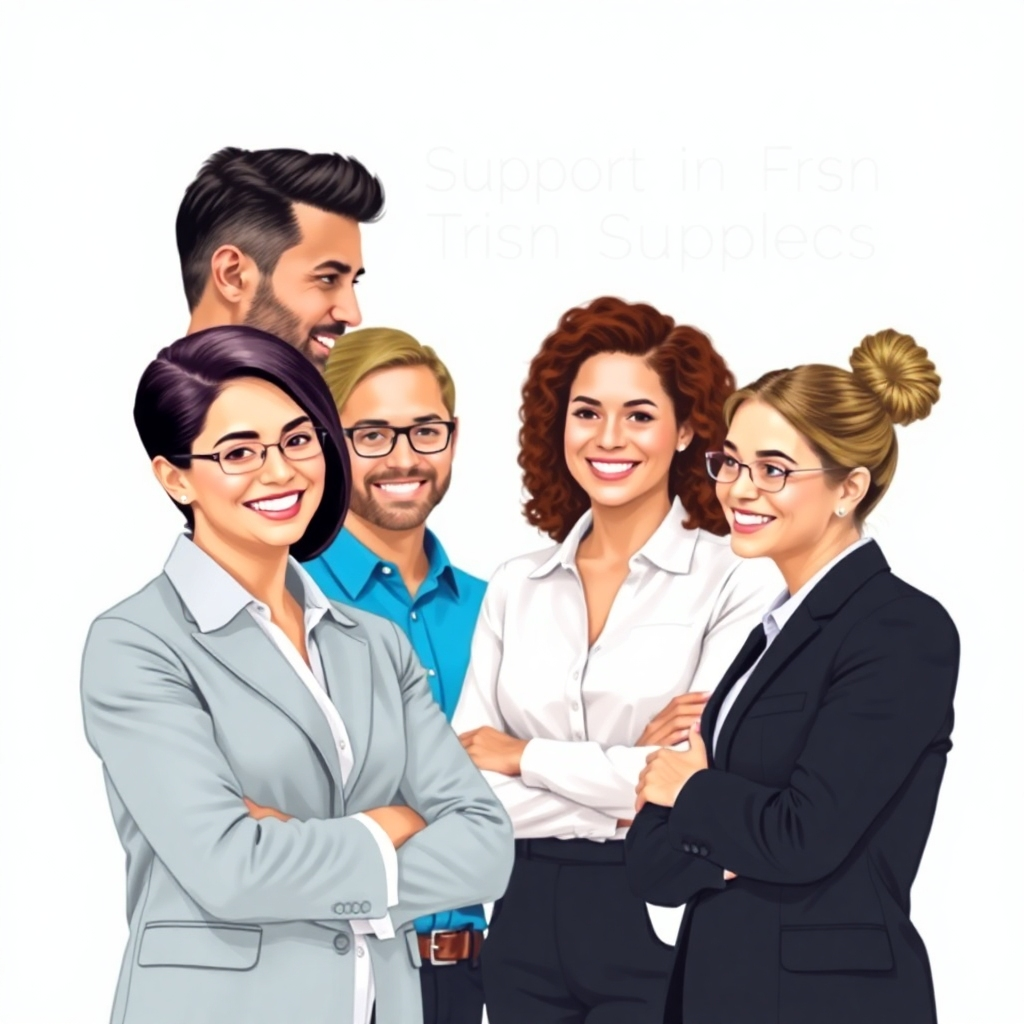 Image portraying successful teamwork and collaboration between the sales agents and our support team. Visuals must highlight teamwork, support, and collaboration, communicating trust and confidence. Style references: successful business collaboration, team interactions. The image must reflect our dedicated support team.