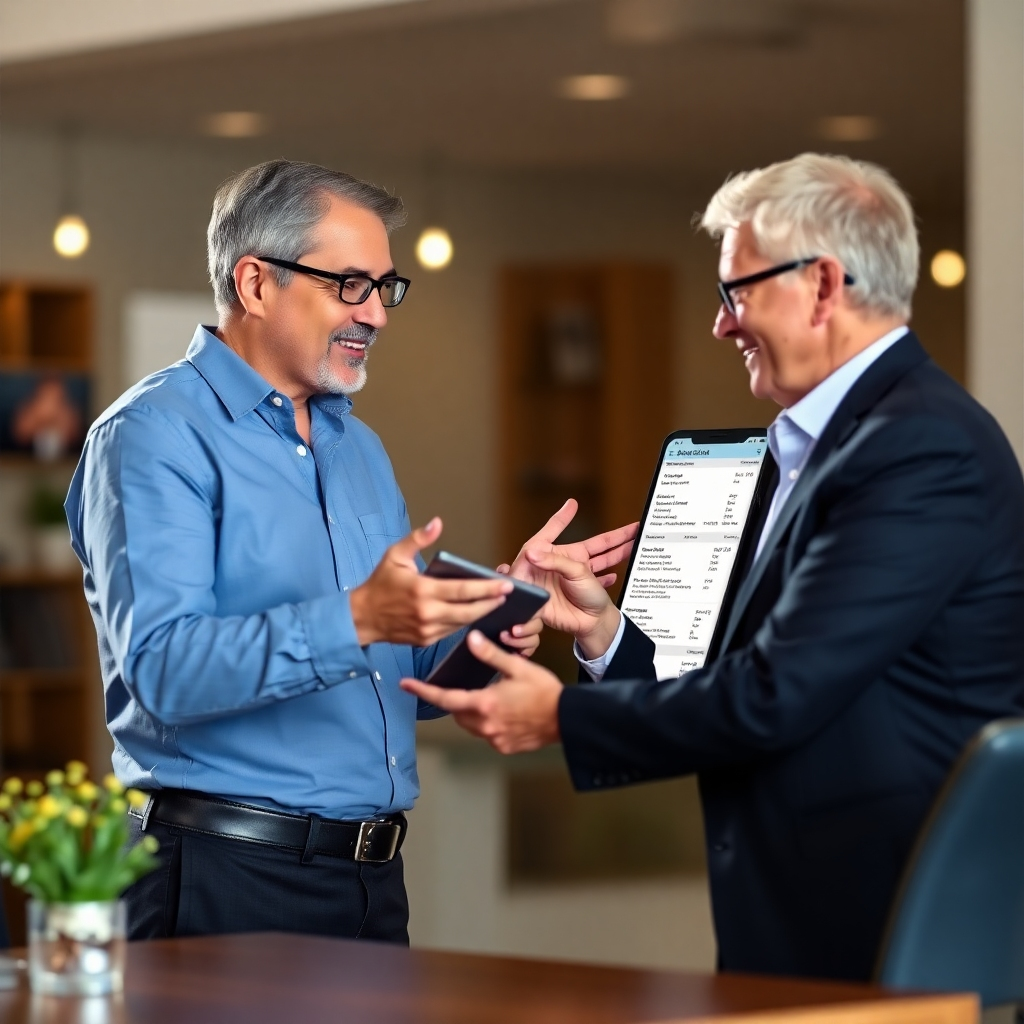 Image showing the interaction between a sales agent and client, leveraging the portal to access policy details. Visuals must communicate trust, reliability, and effective interaction. Style references: positive customer interactions, client relationship management. The image should depict how our portal enhances relationships.