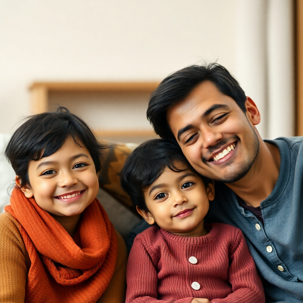 Photorealistic image: A family looking peaceful and happy, with a sense of security conveyed in the background or setting. Resolution: 4K.