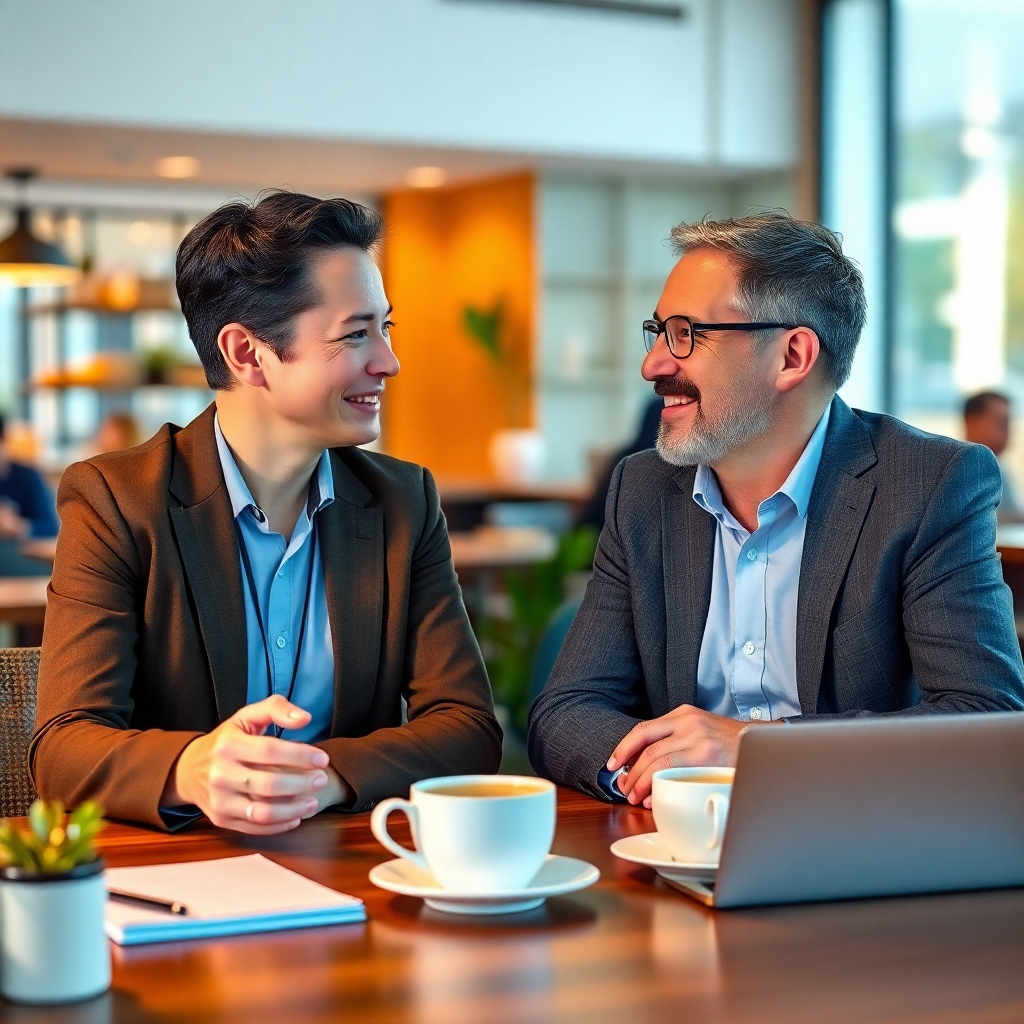 Photorealistic image: A friendly LIC agent and client discussing plans over coffee.  Warm lighting, casual but professional setting.  Resolution: 4K.