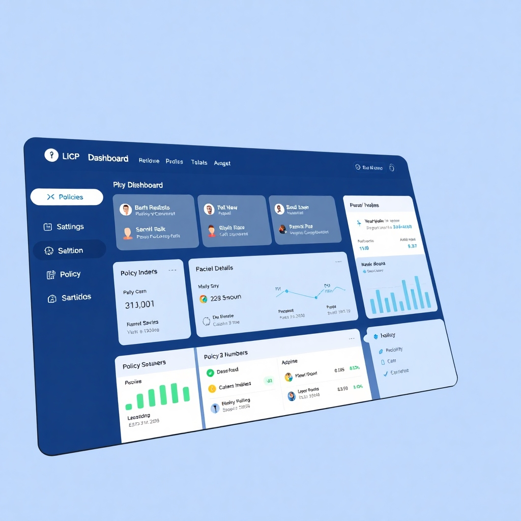 Photorealistic image of a clean and intuitive online dashboard. Focus should be on the ease of navigating policies, displaying key information like policy numbers, client names, and policy details. Visual elements must emphasize simplicity, ease of use and efficiency. High-resolution, well-lit image with a clear and modern design. Style references: Modern banking apps, successful SaaS dashboards. The image should reflect the ease of managing LIC policies through our portal.