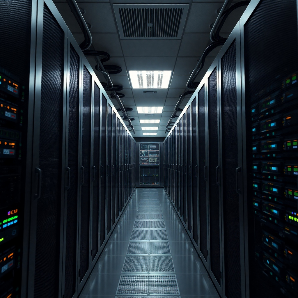 Photorealistic image of a server room, emphasizing the power and complexity of backend systems.