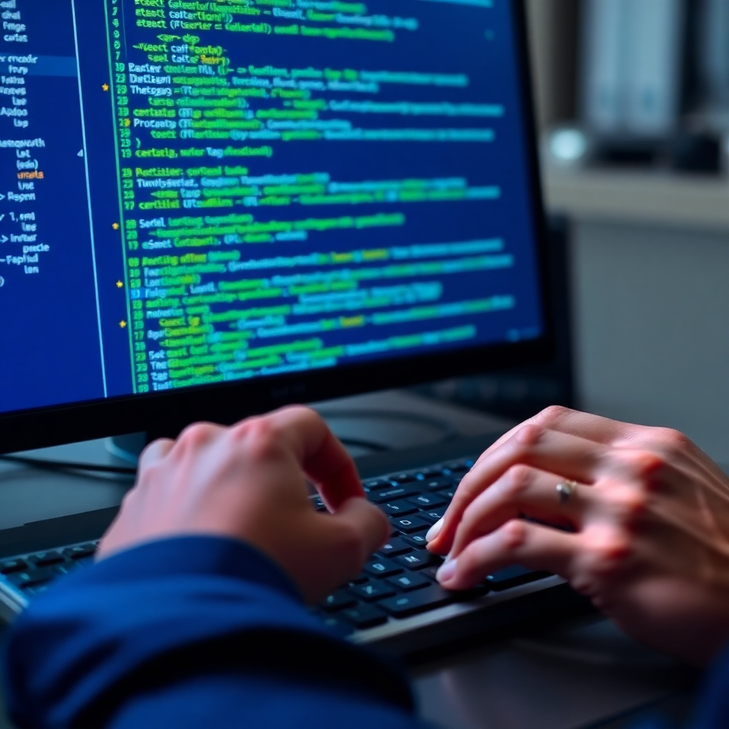 Photorealistic image of a skilled programmer's hands actively typing on a keyboard. The screen displays clean, efficient Java code with annotations. Use a high-key lighting style to emphasize the cleanliness and clarity of the code.  Use a shallow depth of field to keep the focus on the hands and keyboard. The overall style should be highly detailed and photorealistic, evoking a sense of skill, focus, and concentration. The color palette should be predominantly blue and green, reflecting the technologies involved.