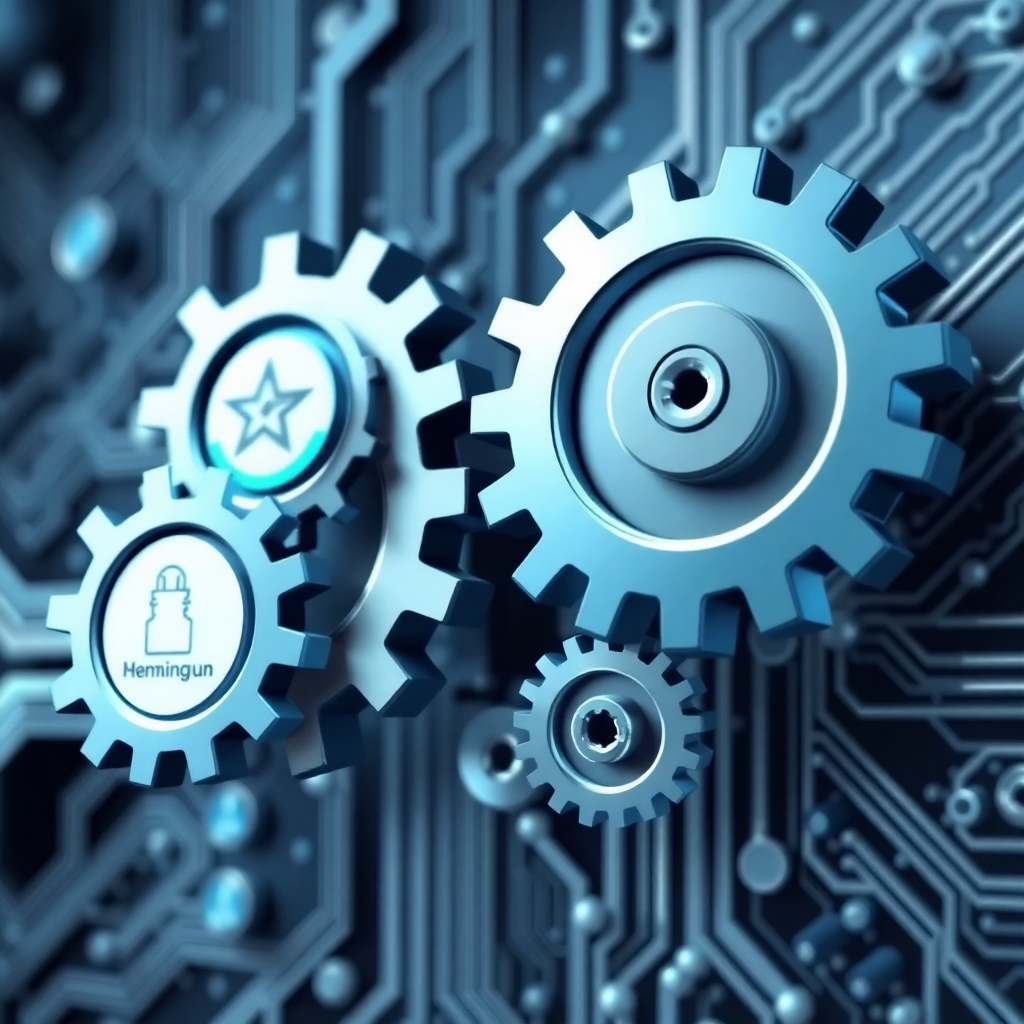 Stylized image depicting interconnected gears, representing the various components and modules of the Spring Framework. The gears should have labels or icons representing key Spring concepts such as dependency injection and aspect-oriented programming.  The background could be a subtle blend of technological elements, such as circuit boards or network diagrams.  The lighting should be clear and well-defined, allowing for a clear view of the interconnections between the gears. The overall style should be sleek and modern, conveying a sense of efficiency and precision. The color palette should emphasize technological aesthetics—blues, greens, and grays.
