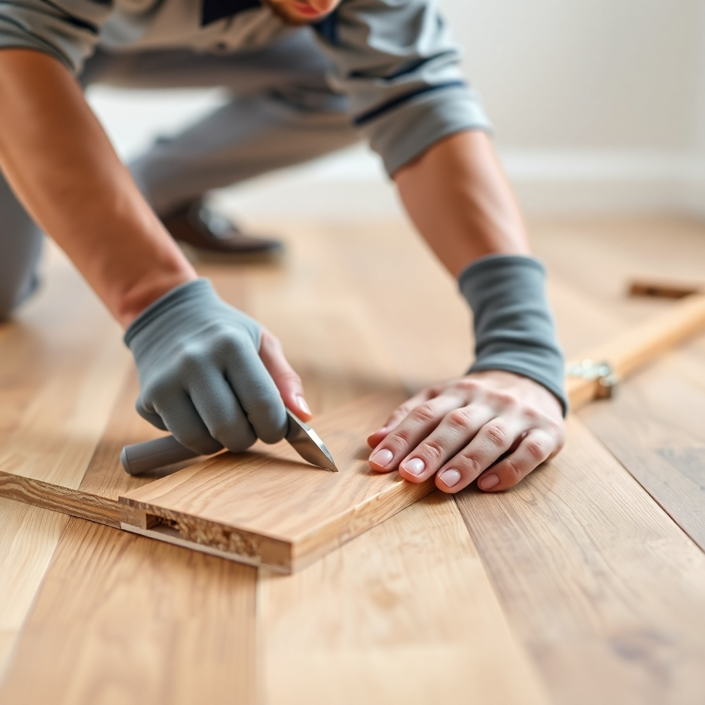 Create an image showing a professional flooring installer carefully laying down planks of wood flooring. Focus on the precision and skill involved in the installation process. Use a close-up shot to highlight the details of the floor and the tools used. The overall style should be clean and efficient, conveying a sense of professionalism and reliability.