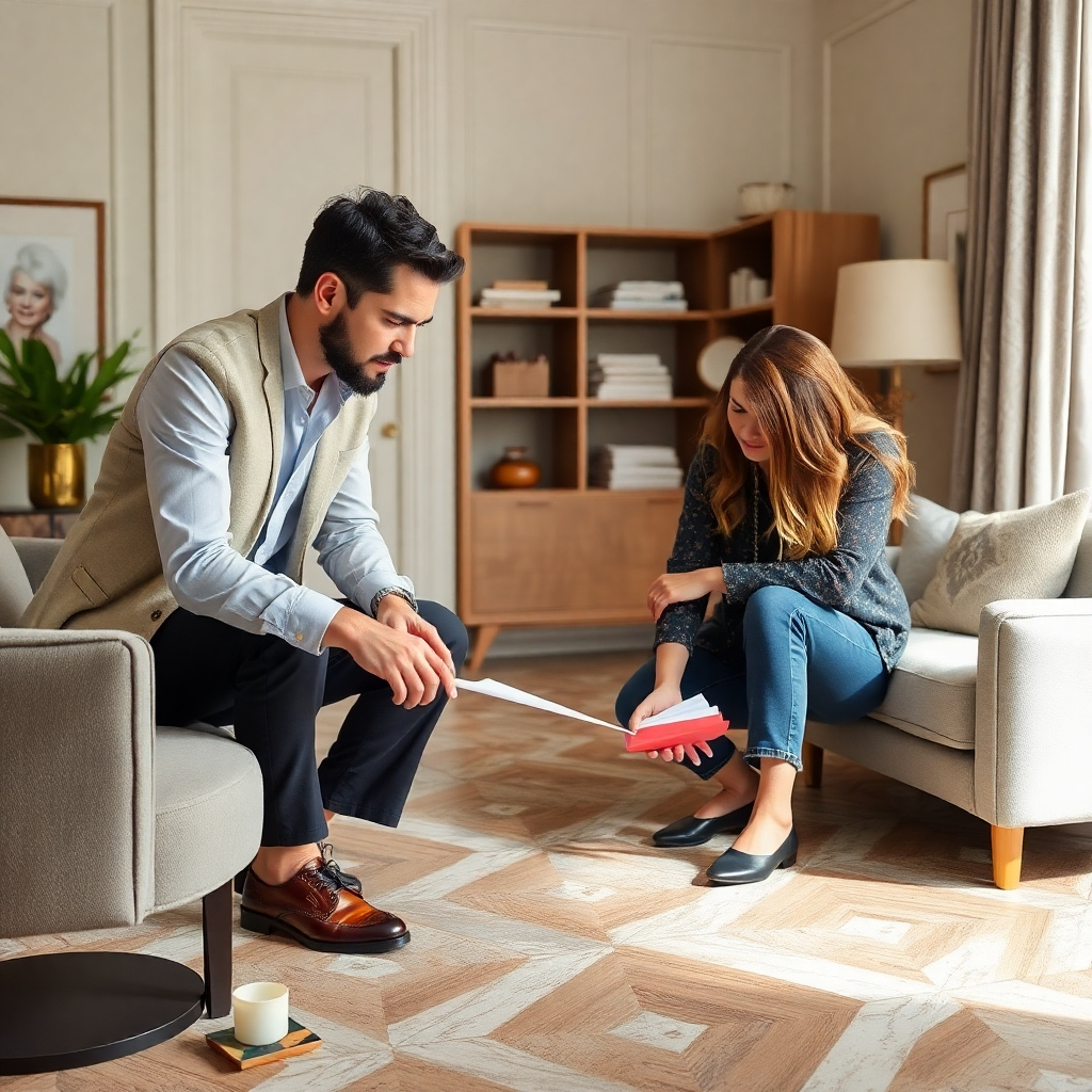 Depict a designer working with a client to create a custom flooring design. Focus on the creative process and the selection of materials, colors, and patterns. The overall style should be elegant and sophisticated, conveying the idea of personalized service.