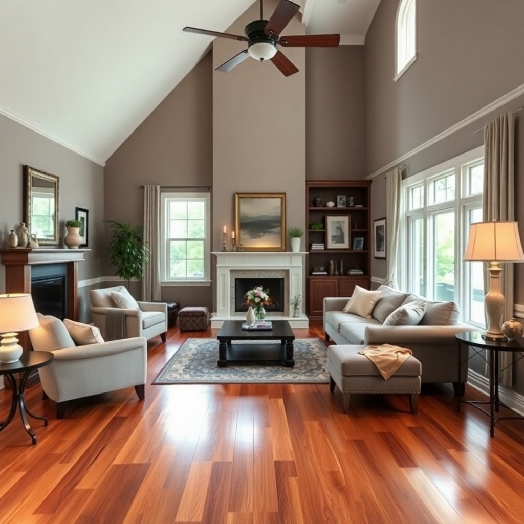 Imagine a beautifully furnished living room with classic hardwood floors. Focus on the warm tones and natural grain of the wood. Use soft, diffused lighting to create a cozy and inviting atmosphere. Include elements like a fireplace, comfortable seating, and tasteful decor.