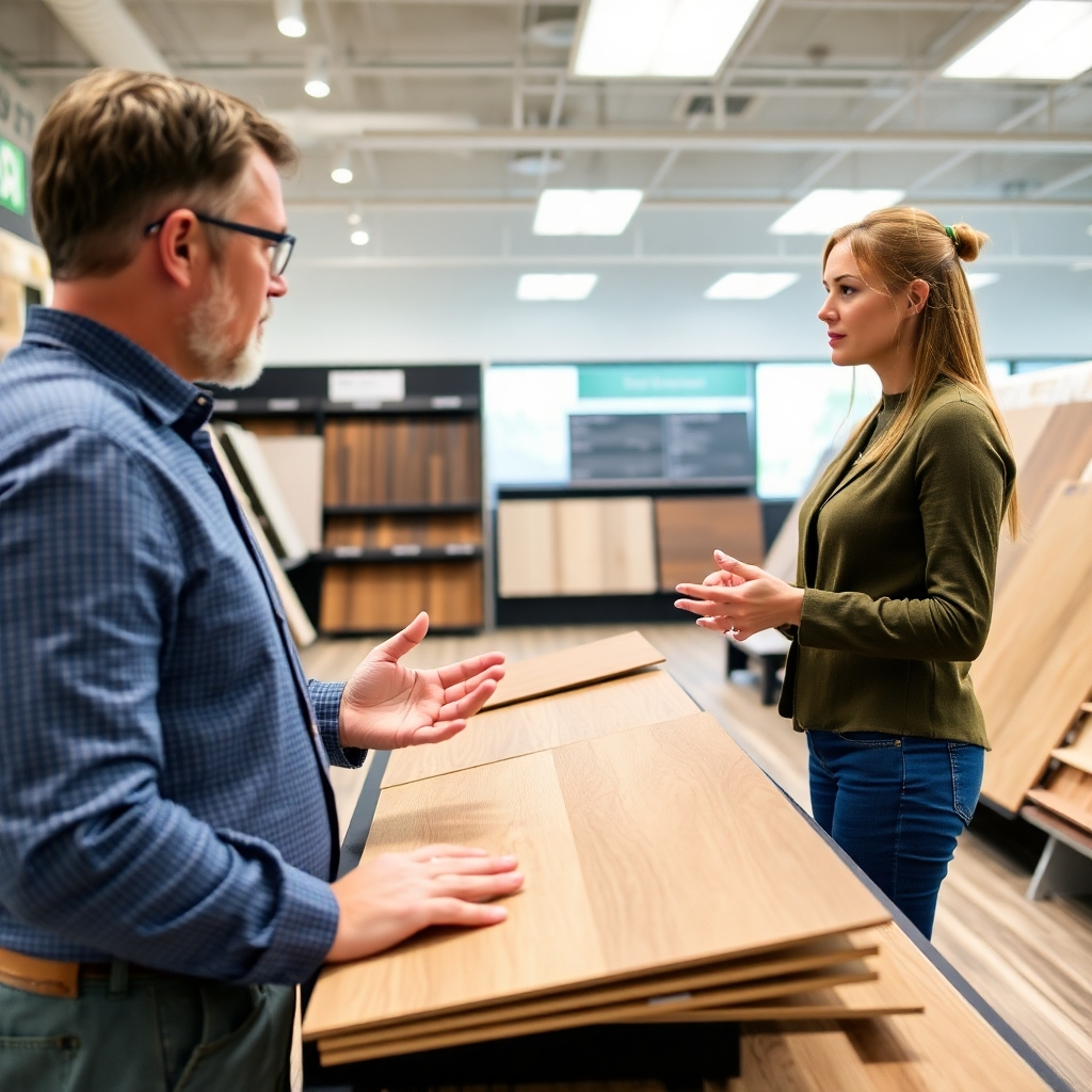 Imagine a customer consulting with a knowledgeable flooring expert in a showroom setting. Capture the interaction between them as they discuss flooring options and technical specifications. The setting should be well-lit and professional, fostering a sense of trust and expertise. Focus on the details of the flooring samples and the expert's ability to explain the features and benefits.