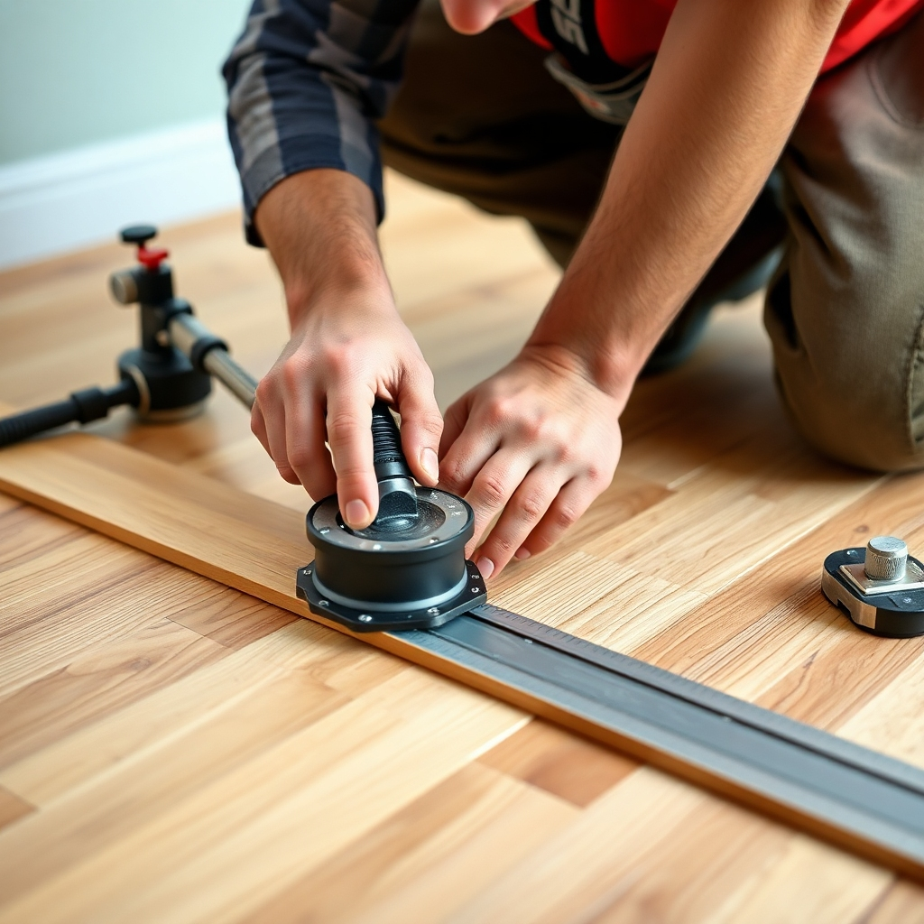 Imagine a skilled flooring installer carefully installing planks of hardwood flooring. Focus on the precision and attention to detail required for a flawless installation. Use a close-up shot to highlight the installer's tools and techniques. The overall style should be clean and efficient.