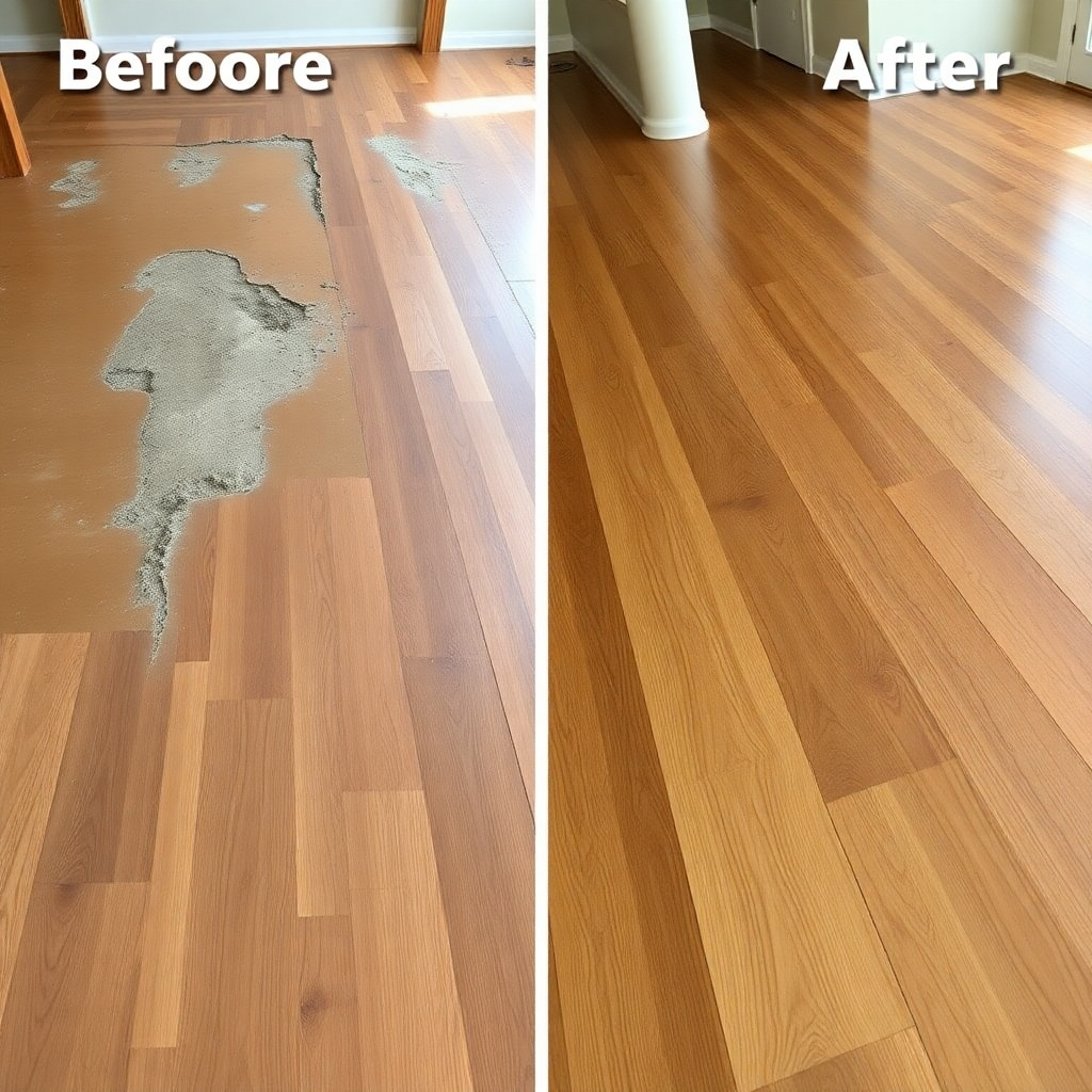 Visualize a before-and-after shot of a wood floor being refinished. The 'before' side should show a worn and damaged floor, while the 'after' side should show a beautifully restored floor. Focus on the transformation and the renewed beauty of the wood.
