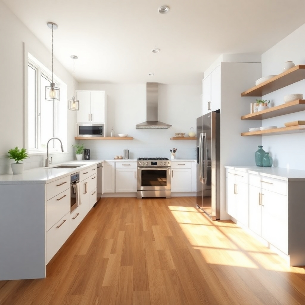 Visualize a modern kitchen with sleek laminate flooring. Focus on the clean lines and contemporary design. Use bright, natural lighting to highlight the flooring's durability and ease of maintenance. Include stainless steel appliances and minimalist decor.