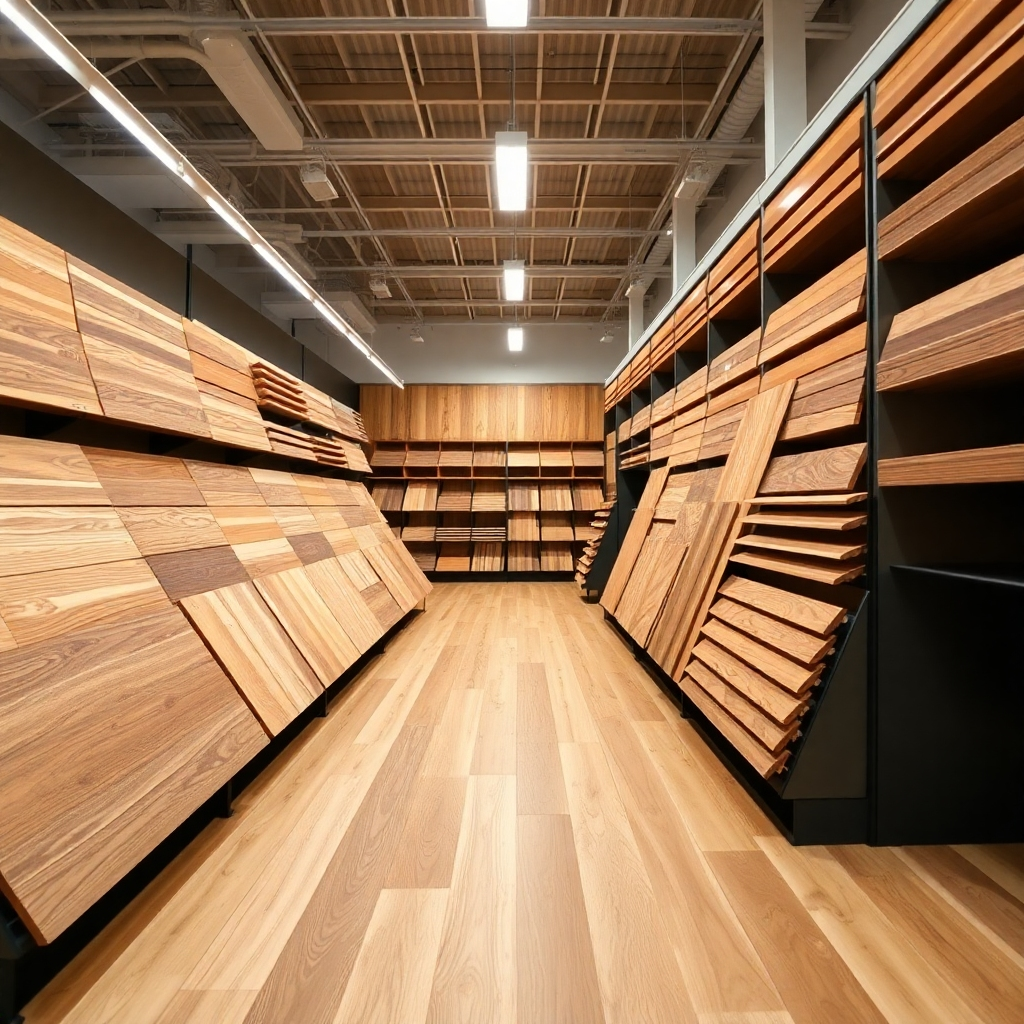 Visualize a well-organized showroom featuring a diverse selection of wood flooring samples. Focus on the variety of colors, grains, and textures available. Use a wide-angle lens to capture the breadth of the selection. Lighting should be bright and even, showcasing the details of each sample. The overall style should be clean and modern, conveying a sense of abundance and choice.