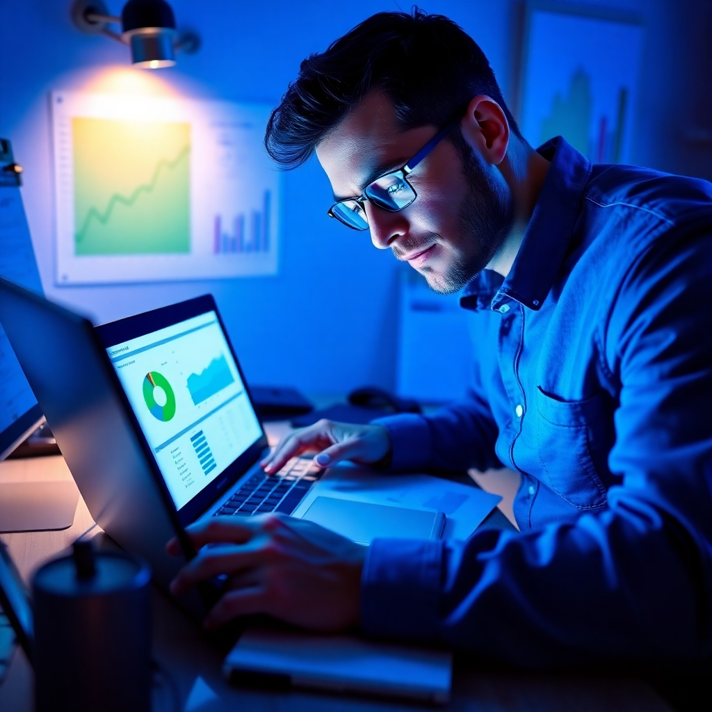 A dynamic image of a digital marketing specialist analyzing campaign data on a laptop, surrounded by charts and reports. The lighting is focused, illuminating the key performance metrics on the screen. The color palette is vibrant with blues and greens. The camera angle is eye-level, showcasing concentration and expertise in the marketing field. Props include various digital devices and printed analytics for deeper analysis.