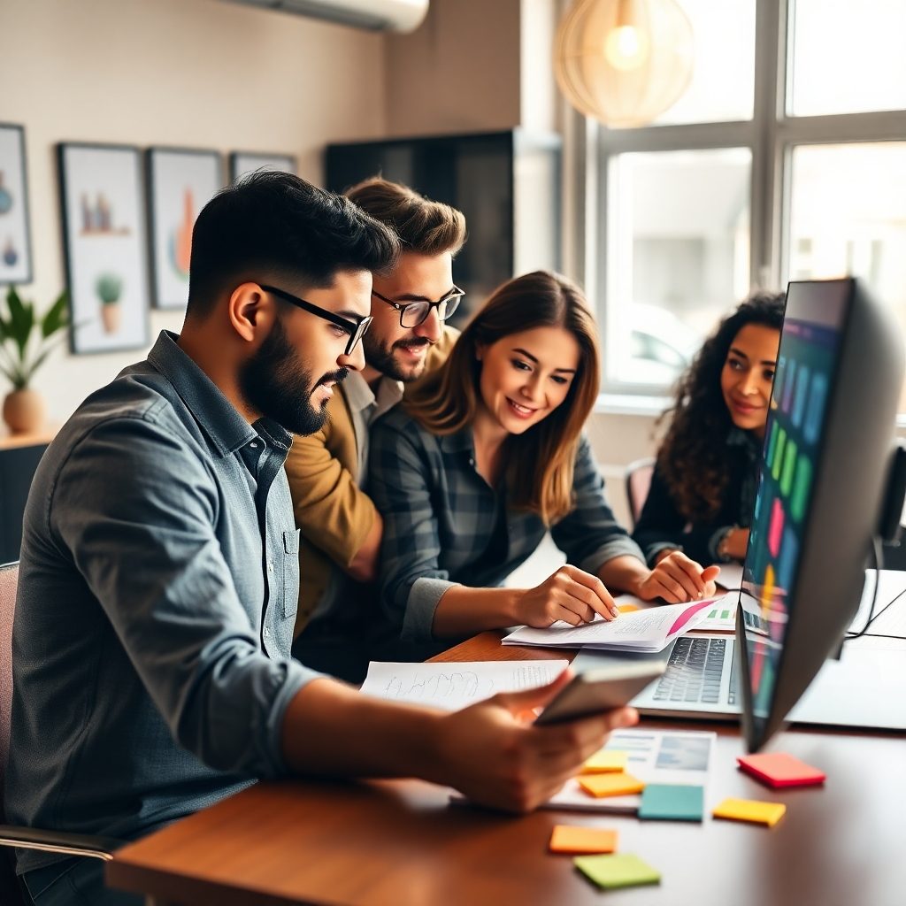 A high-quality image of a professional marketing team working on a campaign in a stylish office. The lighting is soft and inviting, enhancing a cozy yet focused atmosphere. The color palette combines earth tones with splashes of bright colors from brainstorming materials. The camera angle captures the team in action, analyzing data on a screen. Props include digital devices, charts, and vibrant sticky notes, depicting a creative environment.