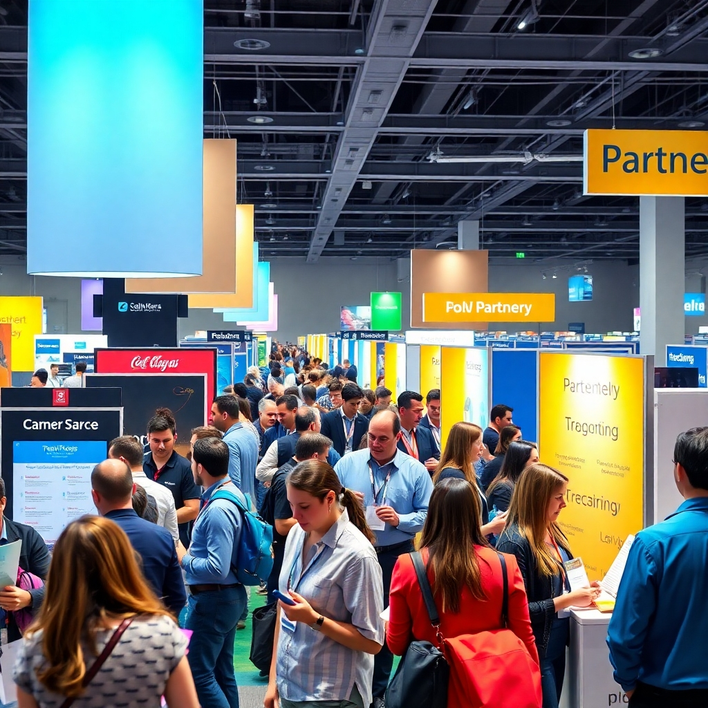 A photorealistic image of a busy trade show, highlighting booths from various partners promoting their services. The vibrant lighting captures the excitement of networking. The color palette includes a variety of bright shades representing different brands. The camera angle is a wide shot, showcasing the interaction between attendees and exhibitors. Props include pamphlets, giveaways, and interactive displays to attract visitors.