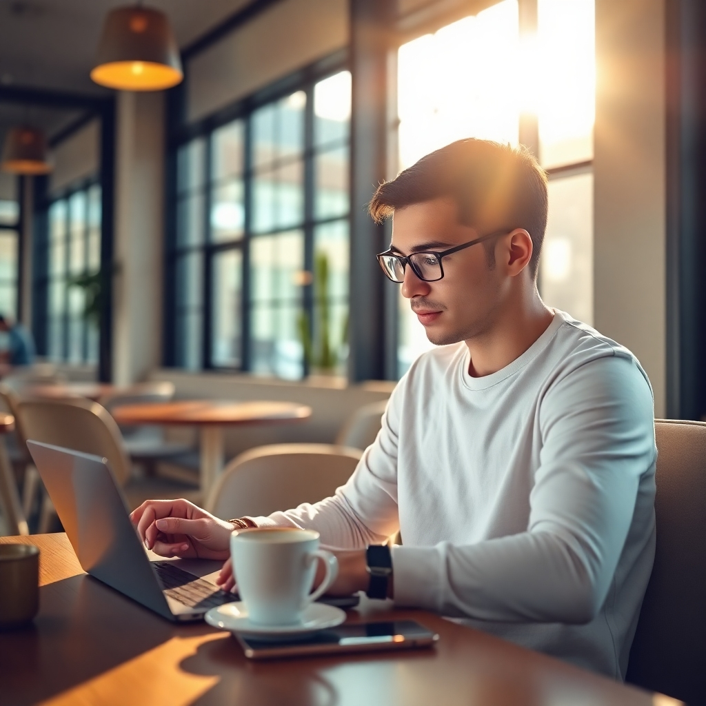 A photorealistic image of a young marketing professional working remotely from a modern cafe. The lighting is warm and inviting, with sunlight streaming through large windows. The color palette is soft, using pastel tones, creating a relaxed vibe. The camera angle is slightly tilted, focusing on the professional's engagement with social media analytics on a laptop. Props include a coffee cup and a smartphone displaying notifications.