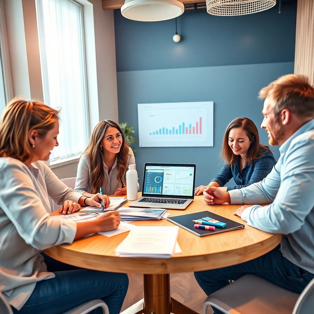 A photorealistic image showcasing a marketing team reviewing a successful product launch. The scene is brightly lit with a warm atmosphere, featuring a round table filled with promotional materials, a laptop displaying real-time metrics, and cheerful team members engaged in discussion. The color scheme includes shades of blue and white, creating a fresh and professional look. The camera angle captures a close-up of the team, emphasizing collaboration. Textures like natural wood and paper add depth, and the image is in 4K resolution, ensuring high quality.