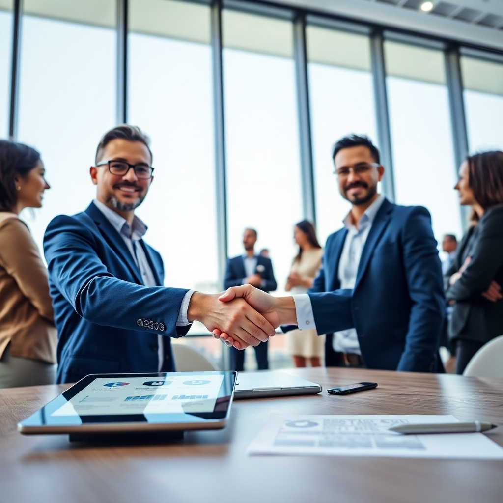 A photorealistic image showing two business partners shaking hands in a modern conference room. The setting is bright, with large windows allowing natural sunlight to pour in. The color palette includes neutral tones with accents of blue. The camera angle is at eye level, capturing the moment of agreement. Props include a digital tablet displaying partnership proposals and a team of diverse individuals in the background engaged in conversation.