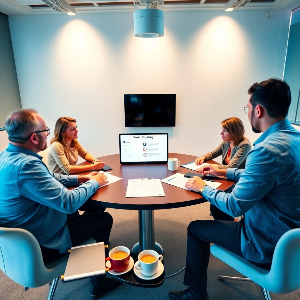 A professional setting showcasing a round table meeting with diverse individuals brainstorming strategies. The lighting is bright and energetic, reflecting a productive atmosphere. The color palette uses lively blues and whites, symbolizing collaboration. The camera angle provides an over-the-shoulder view of documents displaying partnership proposals. Props include digital screens, notepads, and coffee cups, representing a collaborative environment.