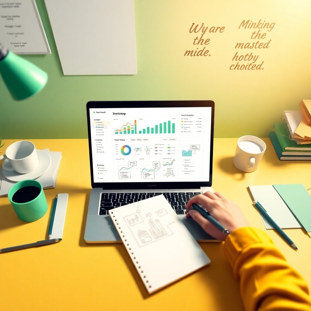 A stylized image depicting a well-organized desk with a laptop open to a marketing dashboard. Bright lighting illuminates the scene, emphasizing a notepad with sketches of strategy ideas. The color palette features light greens and yellows, invoking a sense of growth and opportunity. The camera angle captures a top-down view, highlighting the focused mindset of an entrepreneur. Elements like coffee cups and inspirational quotes on the wall enhance creativity.