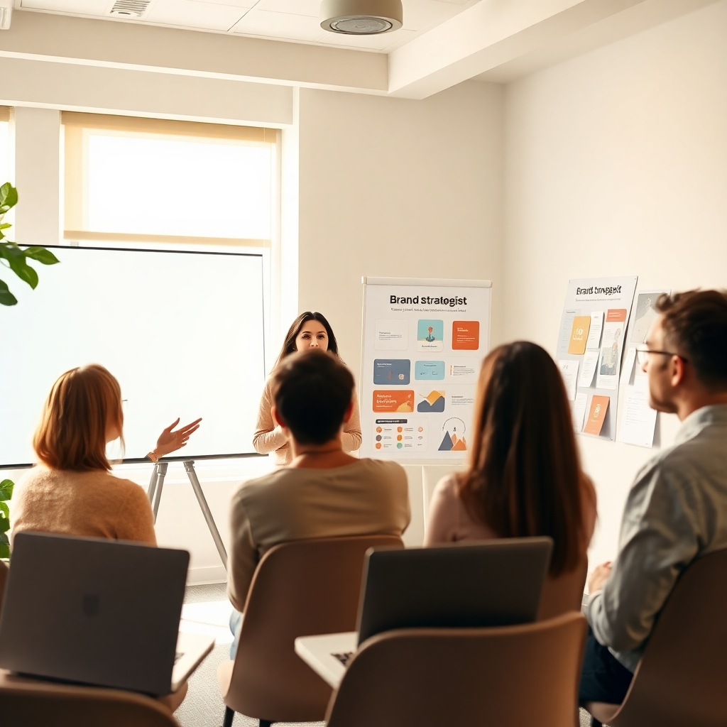 A stylized image of a brand strategist presenting a brand development plan to a small group in a modern office. Soft, natural lighting creates a collaborative atmosphere. The colors are warm and inviting. The camera angle is at an angle to capture the engagement of the audience, with visual aids displaying brand concepts. Props include laptops, projectors, and mood boards adding to the creative environment.