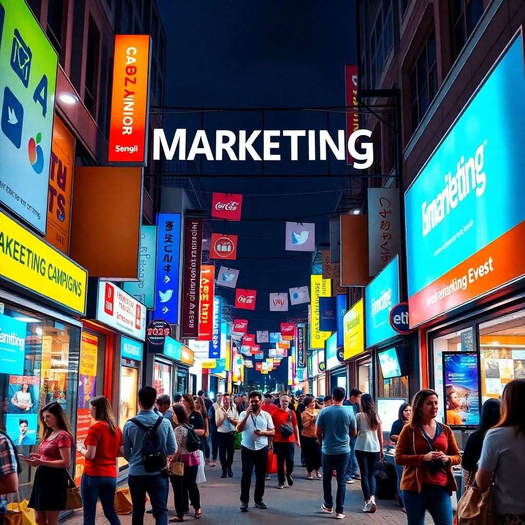 A vibrant image illustrating various marketing channels like social media, email, and networking events. The scene displays a lively street filled with advertisements and people engaging with digital devices. Ambient lighting creates an energetic atmosphere. The color palette includes a mix of bright and contrasting colors to visualize the dynamic nature of marketing. The camera angle is a street-level view, capturing the hustle and bustle of marketing campaigns in action.