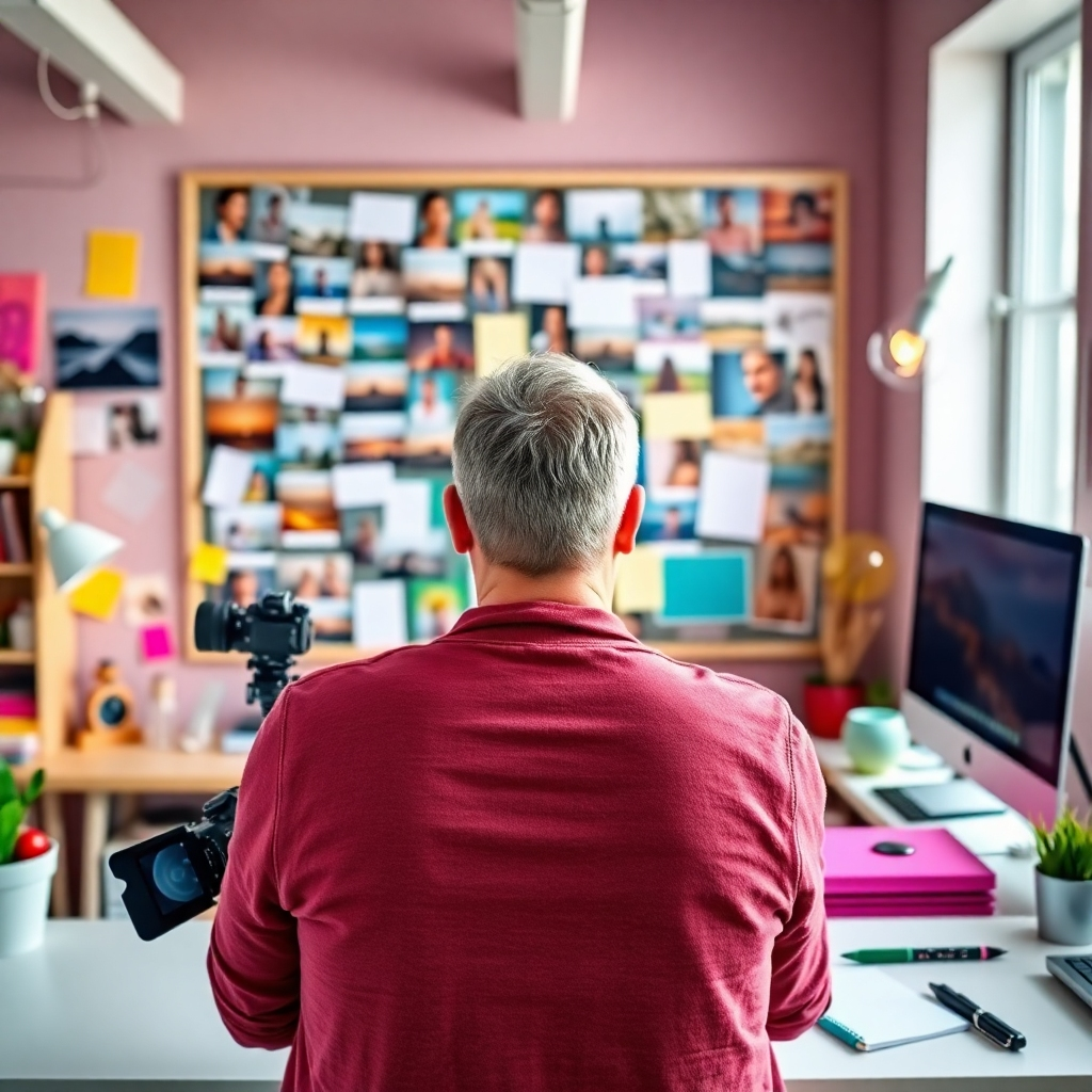 A vibrant image of a content creator brainstorming ideas in a creative workspace. The scene is brightly lit, with a mood board filled with images and notes in the background. The color palette includes assorted colors that stimulate creativity. The camera angle is from behind the content creator, showing the tools of the trade like a camera, notepad, and computer screen, emphasizing the creative flow.