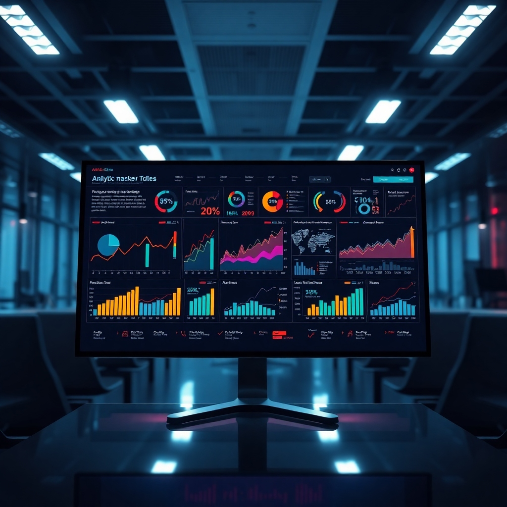 An artistic representation of a digital analytics dashboard filled with charts and graphs. The background is a sleek office environment, illuminated by bright lights focusing on the screen. The color palette features dark contrasts with neon accents, highlighting key data points. The camera angle is directly in front of the screen, emphasizing the importance of data-driven decisions. Textures like glass and metal add a modern touch to the composition.