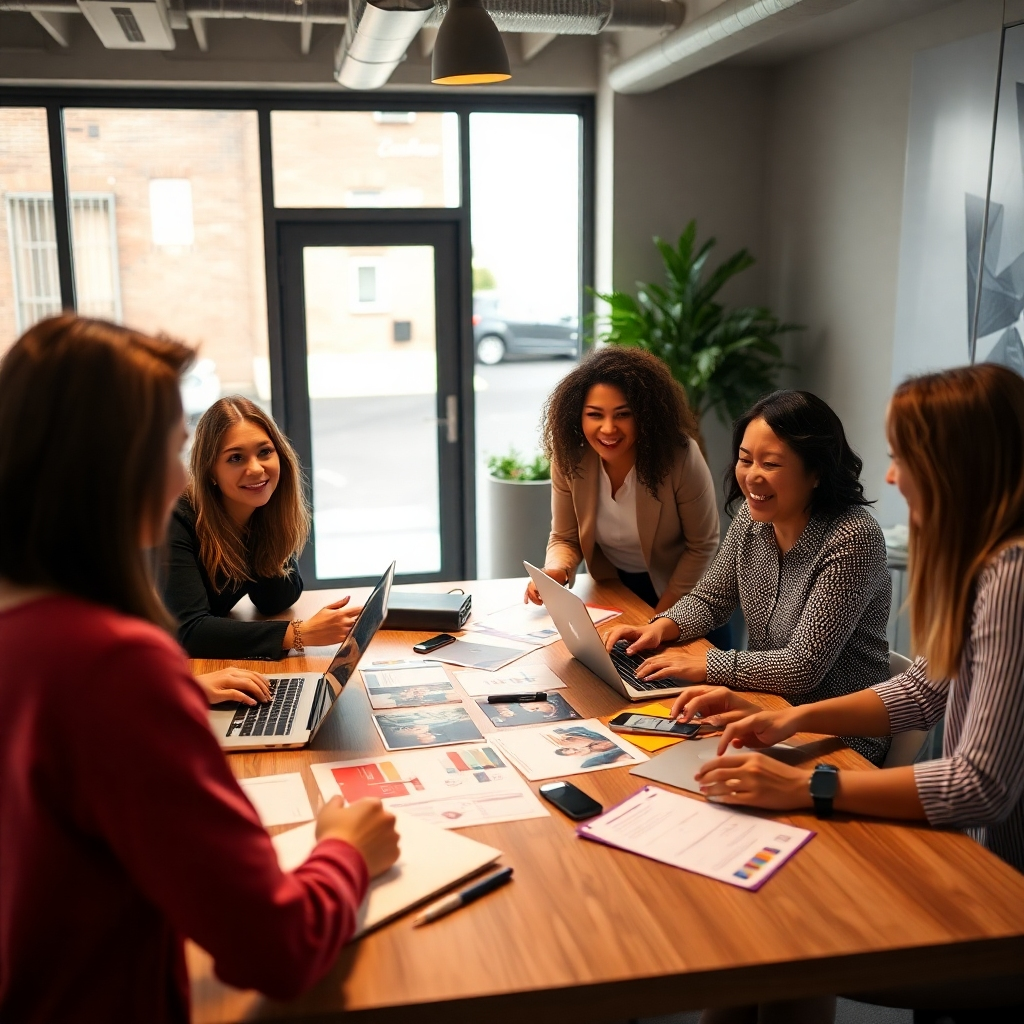 An engaging image of a group of marketers discussing a collaborative project in a contemporary office. Soft lighting enhances the intimate setting, with a focus on open laptops and marketing materials spread out on the table. The color palette combines warm earth tones with accents of bright colors, promoting creativity. The camera angle is slightly elevated, capturing the enthusiastic expressions of the team members.