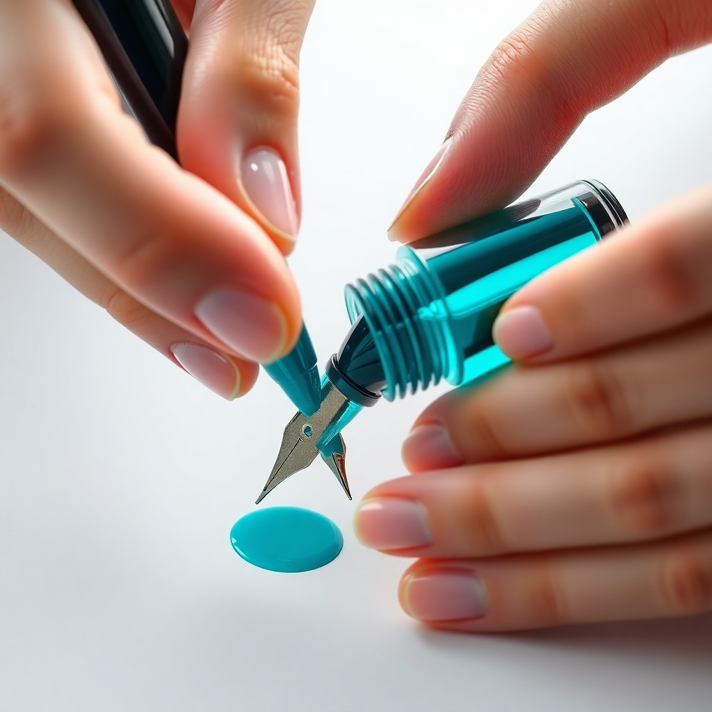 A bright, well-lit close-up shot of hands carefully filling a transparent demonstrator fountain pen with ink from a bottle. The ink should be a vibrant turquoise color, and the image should emphasize the smooth flow of ink and the precise movements involved. The background should be a clean, minimalist white surface.