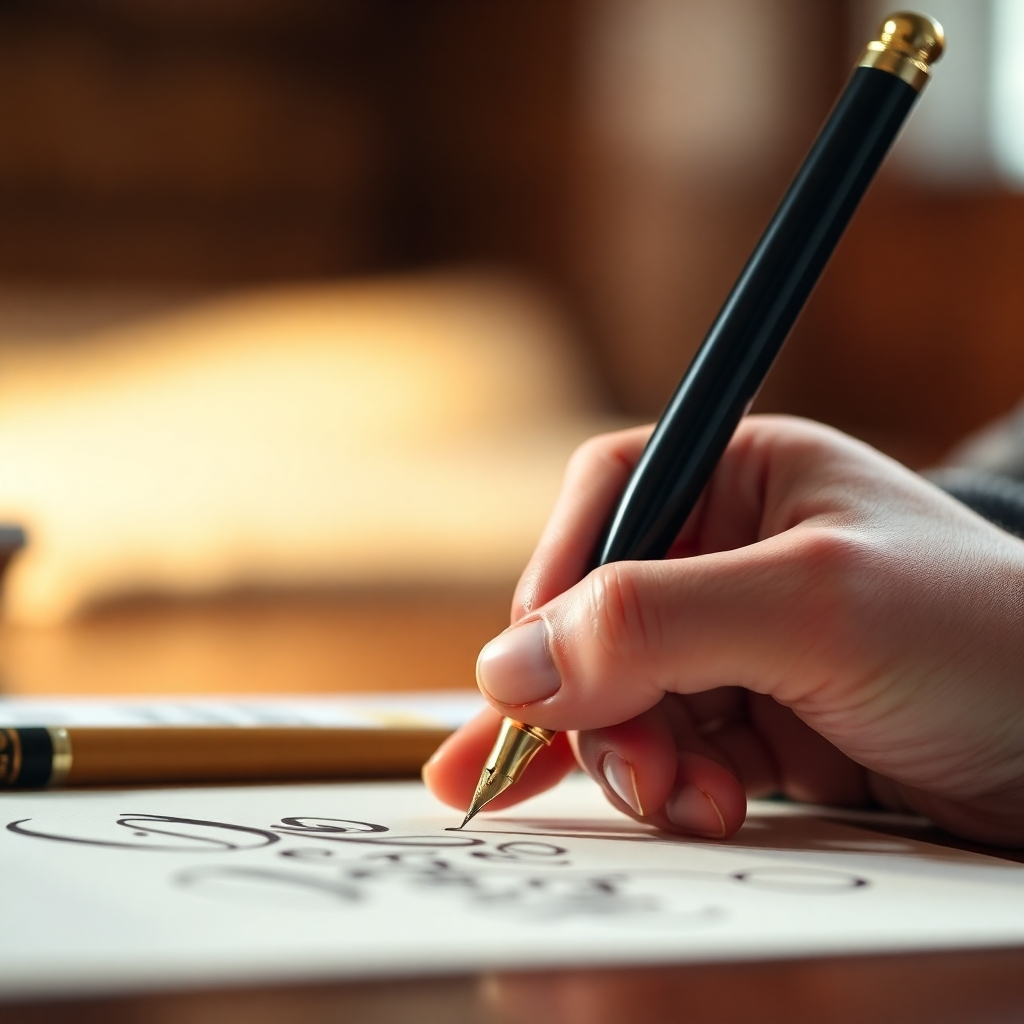 A close-up shot of a hand elegantly writing calligraphy with a fountain pen on high-quality paper.  The pen should be a deep, rich color, and the ink should be vibrant. The background should be a softly blurred, warm-toned study, with natural light illuminating the scene. The focus should be sharply on the pen and the flowing script.