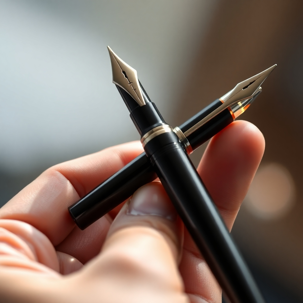 A close-up shot of a person's hand elegantly holding a fountain pen, showcasing its sleek design and intricate details. The background should be subtly blurred, drawing focus to the pen. The lighting must be soft and natural, highlighting the pen's texture and color. The overall image should convey a sense of luxury and precision.