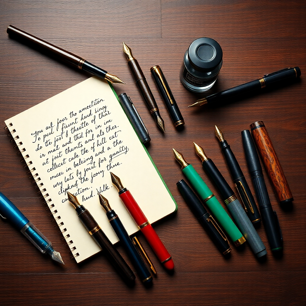 A flat lay showcasing a variety of fountain pens in different colors and styles, arranged artfully on a rich, dark wooden surface.  High-quality ink bottles and a notebook with elegant handwritten text should be included.  The lighting should be soft and even, emphasizing the textures and details of the pens and accessories.