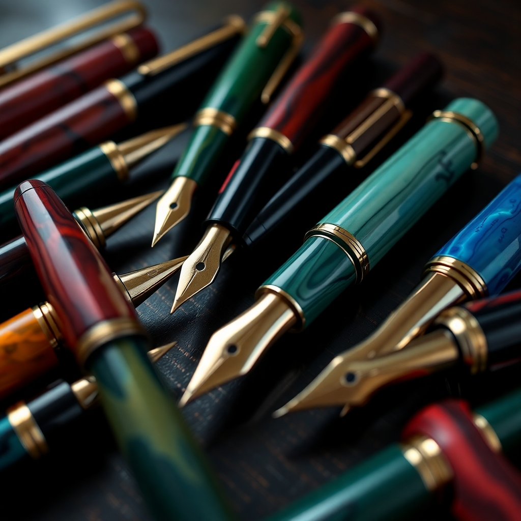 A high-angle, close-up shot showcasing a diverse array of fountain pens in various colors, materials (e.g., resin, metal, wood), and styles arranged artfully on a dark wooden surface.  The pens should be sharply focused, with a shallow depth of field, highlighting their details and craftsmanship.  Include subtle lighting to accentuate their textures and finishes.  The overall mood should be elegant and inviting.