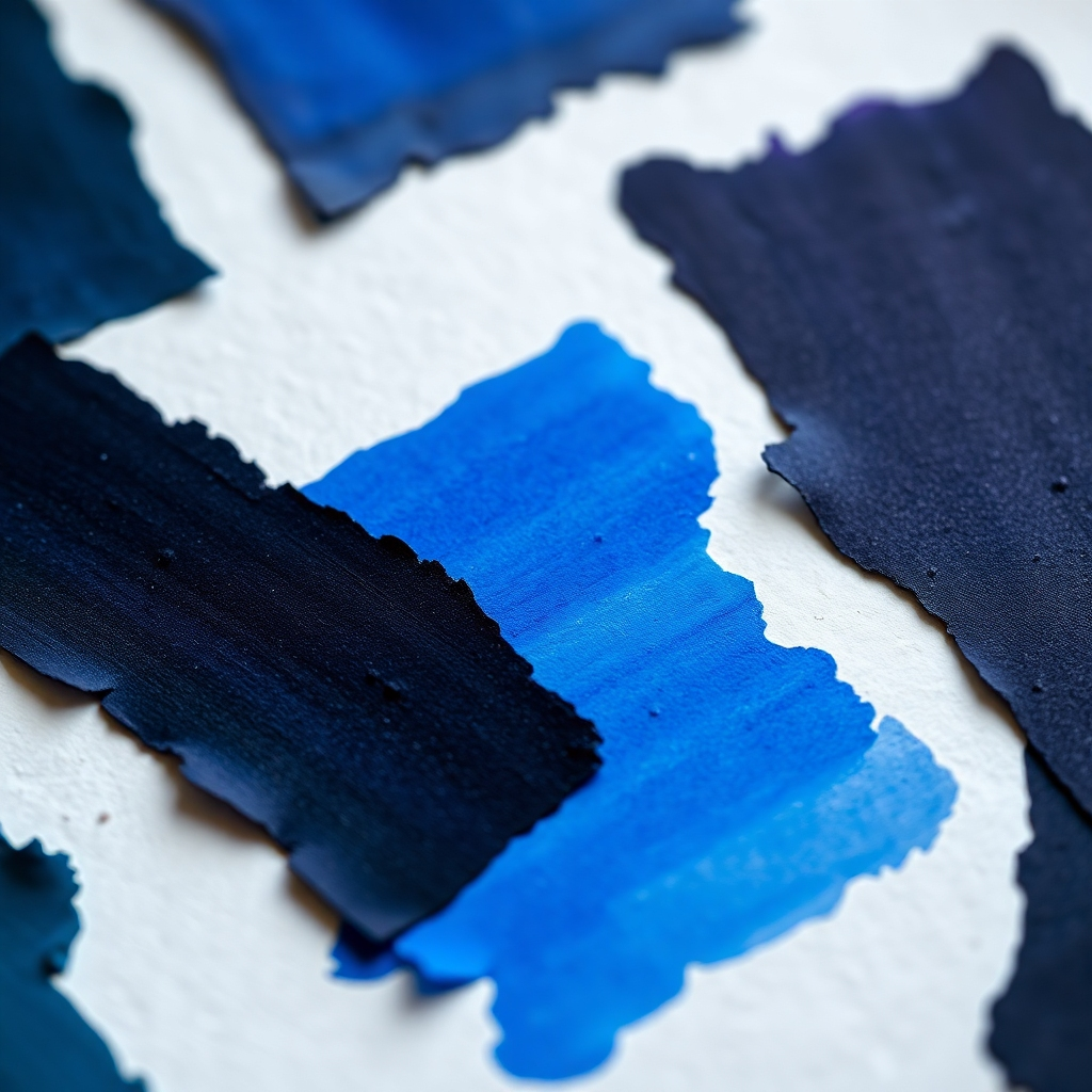 A high-resolution macro shot of several ink swatches on high-quality, thick paper.  The swatches should showcase a wide array of colors, including deep blacks, vibrant blues, and subtle shading, with clear sheen and shading effects apparent. The background should be a simple, textured grey background.  The image should emphasize the rich colors and textural depth of the ink.