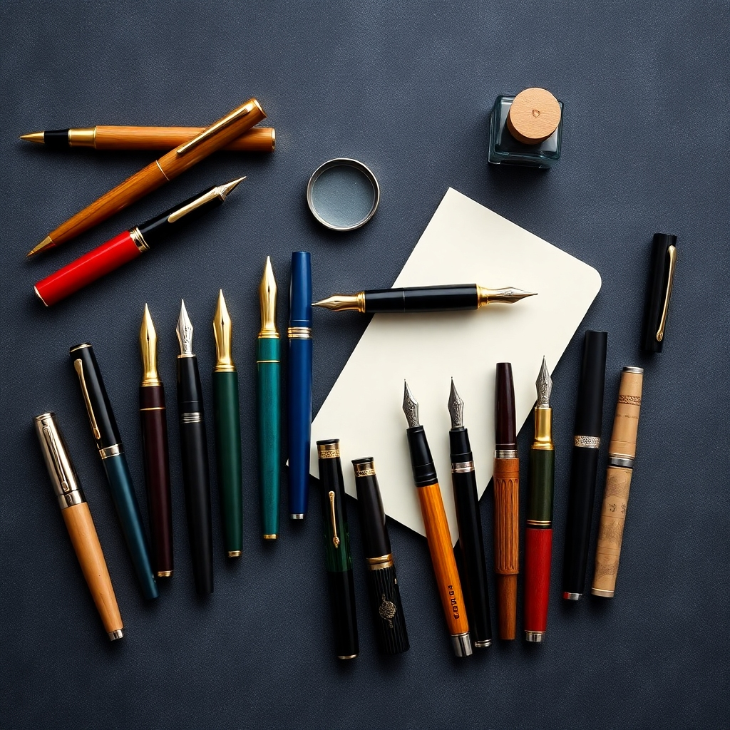 A meticulously arranged flat lay showcasing a variety of fountain pens in different styles, colors, and materials. The pens should be displayed on a luxurious dark-grey textured surface, with some pens opened to reveal their nibs.  Include a small notebook, a magnifying glass, and an ink bottle.  The lighting should be soft and even, emphasizing the details and textures of the pens. Photorealistic style, detailed and visually appealing.