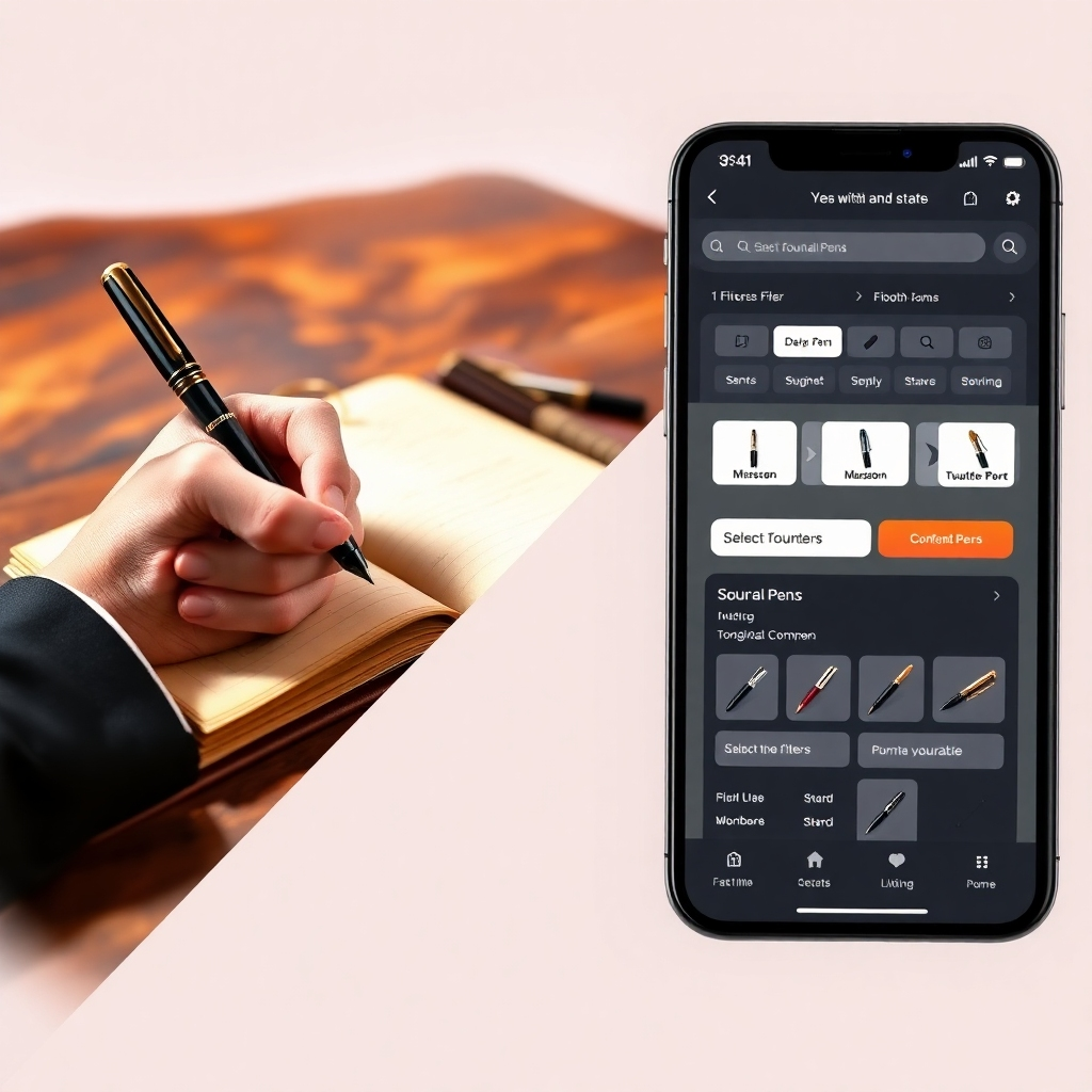 A split-screen image. One side displays a person using a fountain pen elegantly on a vintage notebook with rich textures.  The other side displays a user-friendly webpage or app interface with intuitive filters and search options for selecting fountain pens.  The overall aesthetic should be clean, modern, and inviting. Photorealistic style.