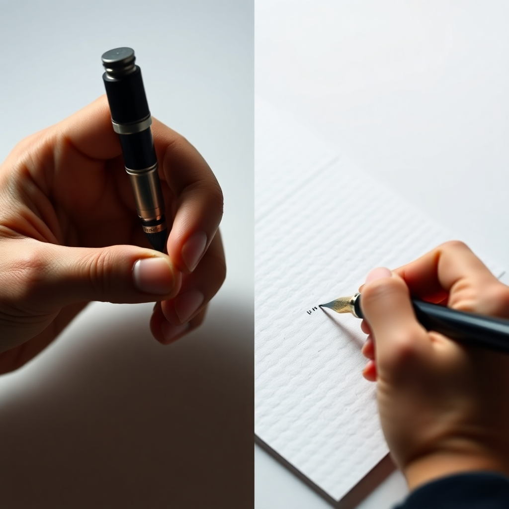 A split-screen video tutorial showing two hands. One hand demonstrates filling a fountain pen with ink, and the other hand shows how to properly write with the pen on textured paper. High-definition, clear and detailed close-ups of the hands, pen, and ink are crucial. The background should be clean and minimalist.