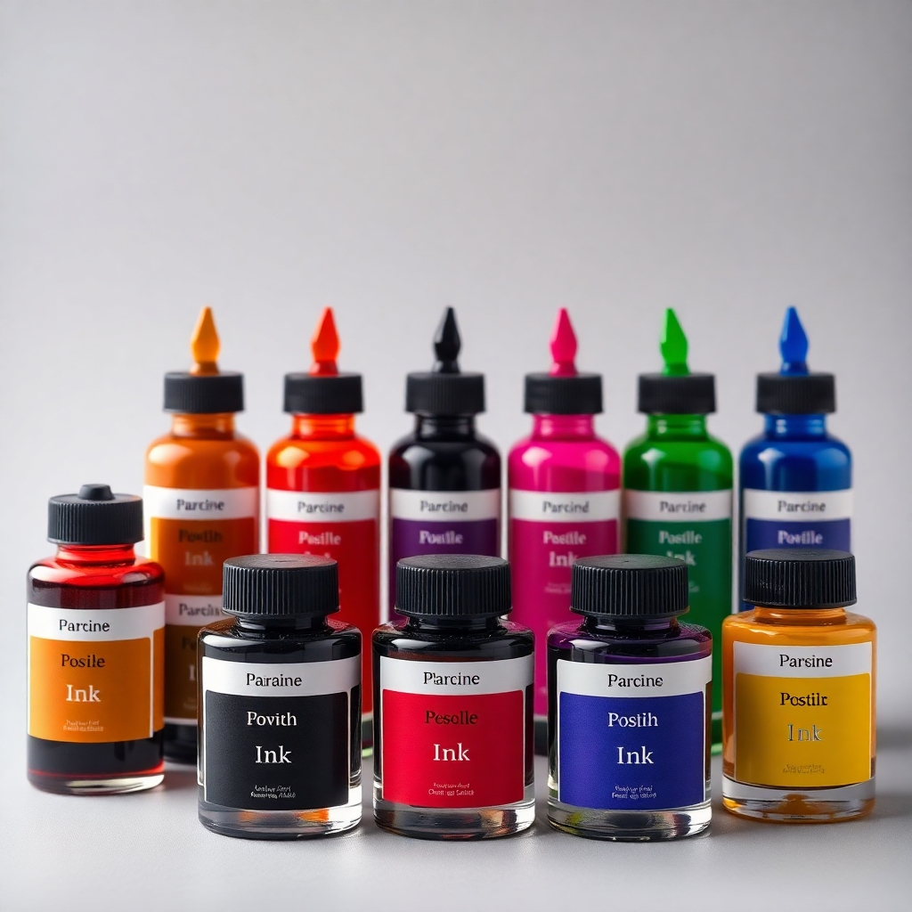 A studio shot displaying a collection of fountain pen ink bottles in a rainbow of vibrant colors.  Each bottle should be clearly labeled, and the ink should be visible, showcasing its unique properties and shades.  The background should be a simple, neutral color, ensuring the ink bottles are the focal point. The image should be sharp, emphasizing the color and texture of each ink.