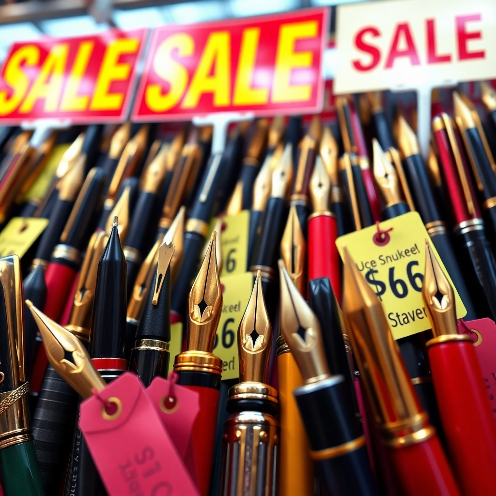 A vibrant, dynamic image depicting a collection of fountain pens attractively displayed with prominent sale signs and price tags. Use bright, eye-catching colors.  The image should create a sense of urgency and excitement about the sale. The pens should be clearly visible with details of their design. Photorealistic style.
