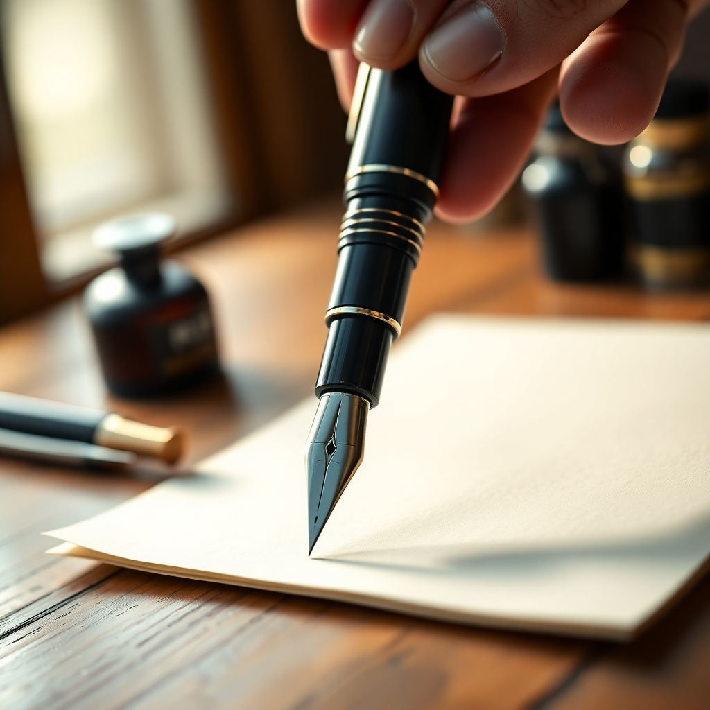 Create a photorealistic, ultra-high definition (8K resolution) header image for HisNibs, a fountain pen business. The image should feature a close-up shot of a hand delicately holding a gleaming, dark-grey Pelikan Souverän fountain pen, poised above a pristine, thick, off-white, cotton paper. The pen should be angled slightly, showcasing its intricate details and the nib's reflective sheen.  The background should be a softly blurred, yet visible, vintage wooden desk, subtly lit by warm, natural light from a window to the left, casting gentle shadows. The overall color palette should evoke a sense of luxury and refinement, featuring deep, rich greys, warm browns of the wood, and creamy off-whites of the paper. The mood should be calm, sophisticated, and inviting. The composition should emphasize the pen as the main focus, using shallow depth of field to create a bokeh effect. The lighting should be soft, natural, avoiding harsh shadows. The texture of the pen’s resin should be highly detailed, showing its subtle variations in tone and depth. The paper should appear slightly textured, showing the fibers. The wood should be smooth, but with visible grain. The style should emulate high-end product photography for luxury goods. Include a few subtly visible ink bottles in the background, dark-amber and dark-blue-black to complete the luxurious and refined setting. The overall aesthetic should reference the works of renowned product photographers, such as Peter Lindbergh, emphasizing a timeless and sophisticated feel. The image should be hyperrealistic, with extreme detail and depth of field, almost cinematic in its quality., ultra high resolution, photorealistic, 8K, hyperdetailed, cinematic lighting