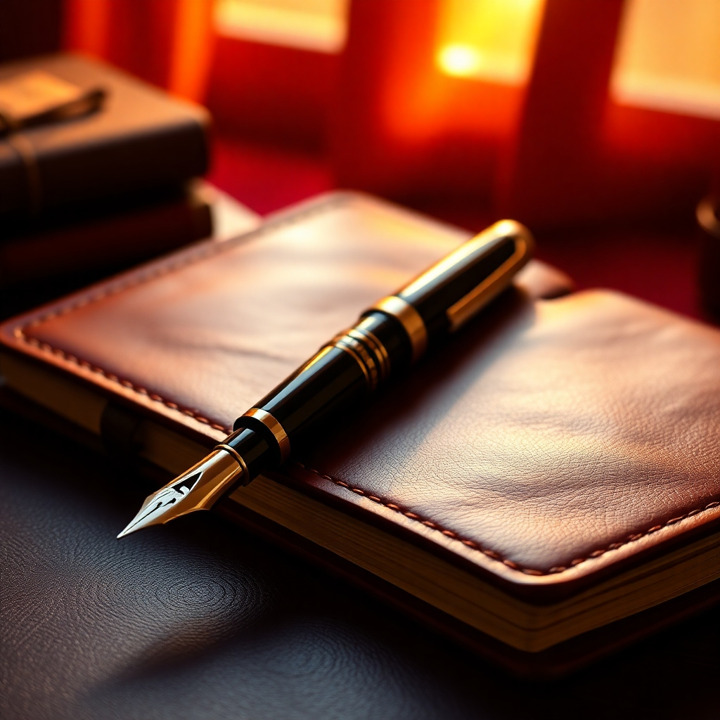 A beautifully crafted fountain pen resting on a vintage leather-bound journal.