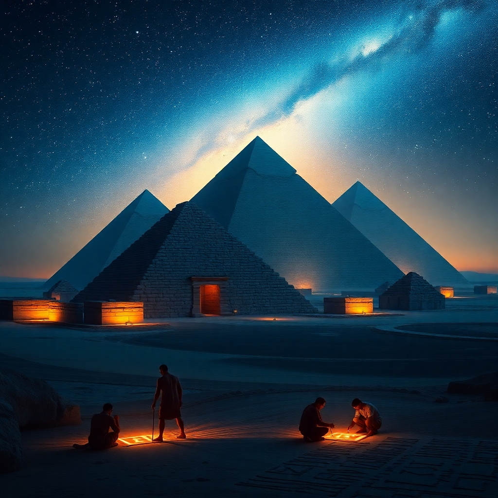 Craft a stunning image of the Pyramids of Giza with a starry sky above. Incorporate subtle lighting effects to show ancient Egyptians crafting hieroglyphics in the foreground. The scene should convey the grandeur and mystery of ancient Egyptian civilization with deep blues and golds to enhance its mystique.