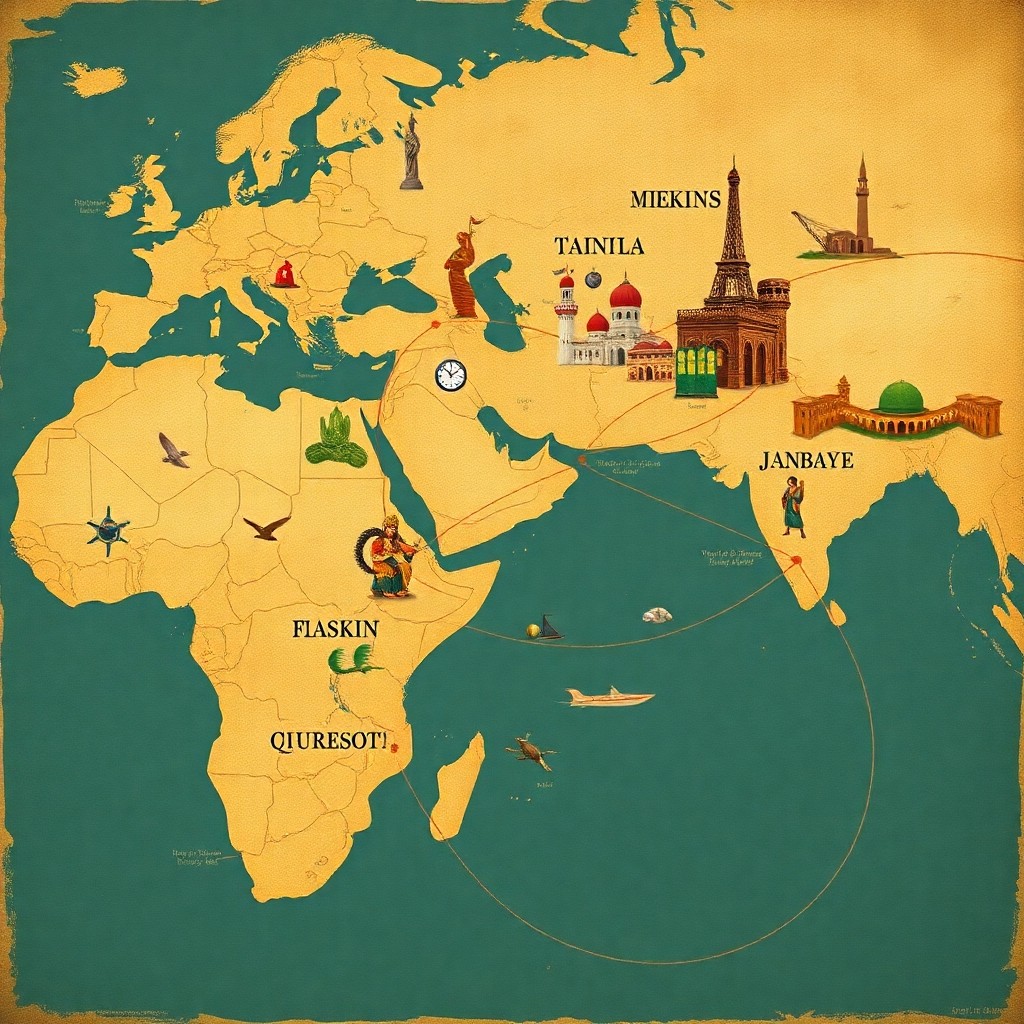 Create a map-style image illustrating trade routes connecting different parts of the world. Include iconic symbols, landmarks, and cultural artifacts from various civilizations to convey the exchange of ideas. Use a vintage palette to give it an ancient feel, as if discovered in a historical archive.