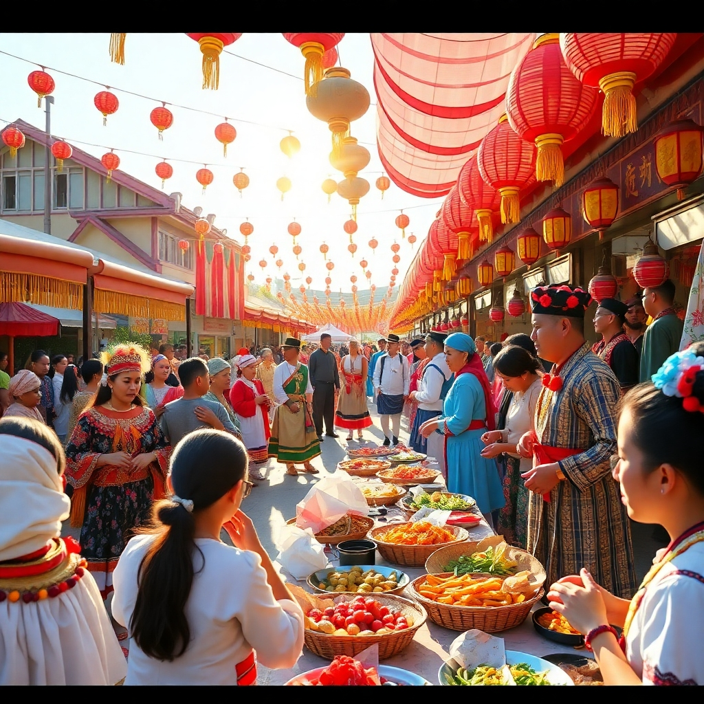 Create a photorealistic image of a cultural festival showcasing traditional costumes, performances, and cuisine from various cultures. The scene should be colorful and lively, with people engaging in activities and enjoying the vibrant decorations. The sunlight should cast a warm glow over the celebration, highlighting the diversity of history in culture.