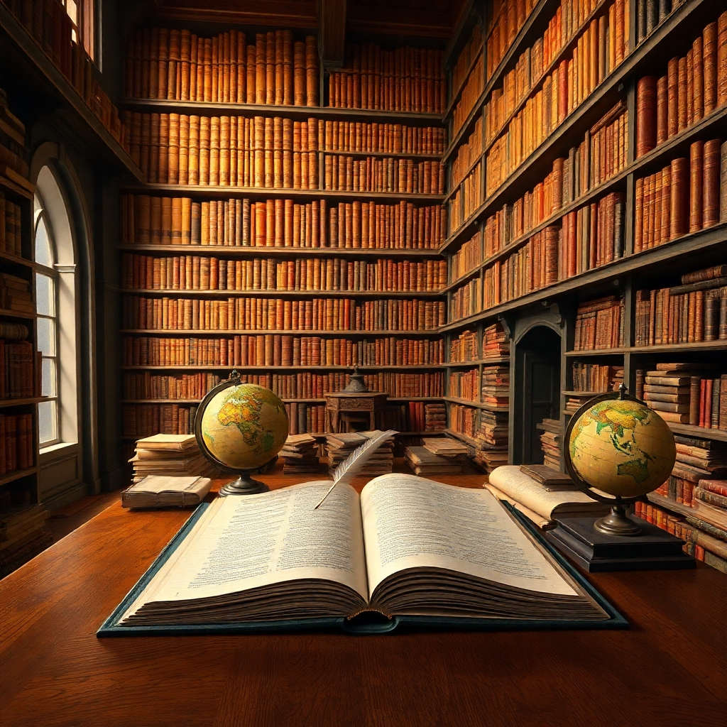 Create a photorealistic image showcasing a historical library filled with ancient books, artifacts, and scrolls. The composition should have warm, inviting lighting, highlighting the textures of aged leather and parchment. A large oak table should be in the foreground with an open book, surrounded by a globe, quill, and inkpot. The shelves in the background should be overflowing with books, creating a sense of depth. Use rich earth tones with golden highlights to invoke a sense of nostalgia. Ensure it's in 4K resolution for high quality.