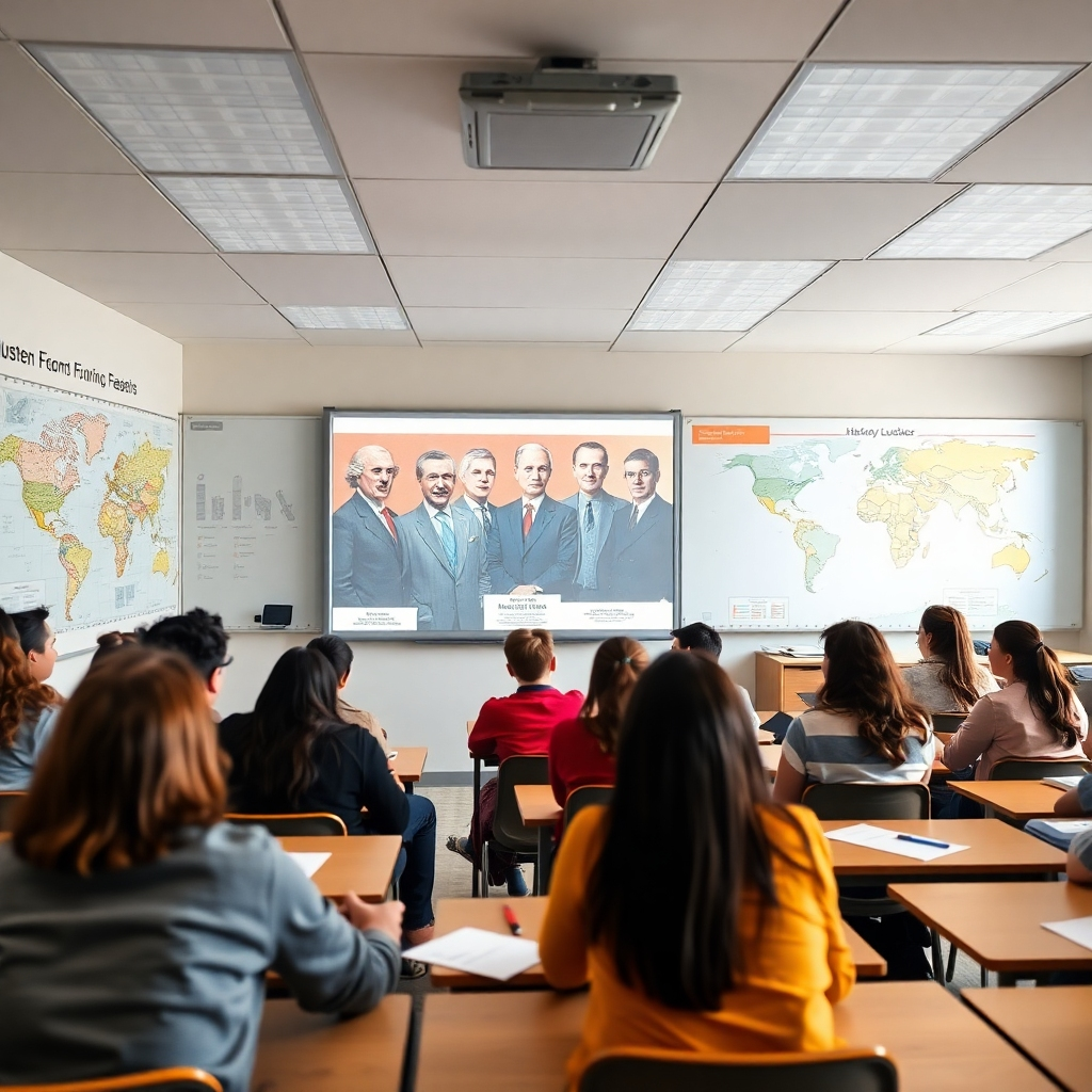 Depict a classroom scene where students are engaged in discussing historical events, with vibrant visuals of famous leaders projected on a screen. The classroom should be bright and modern, with historical maps and timelines as decor. Use a dynamic angle to convey movement and energy in the discussion.