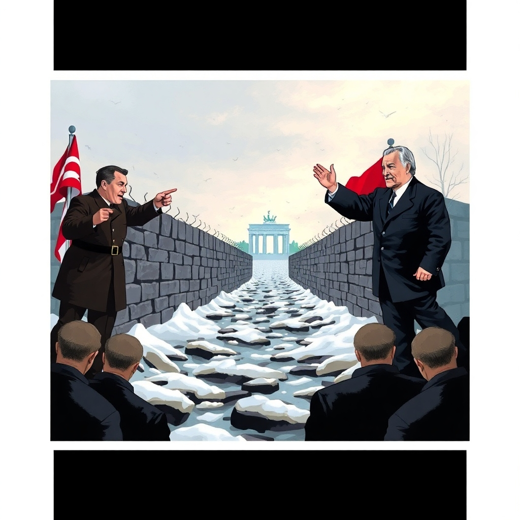 Depict a symbolic representation of the Cold War, featuring iconic moments like the Berlin Wall and key figures. The scene should have a dramatic feel, using colder colors to reflect the tension, with clear visual metaphors to convey the ideological divide.