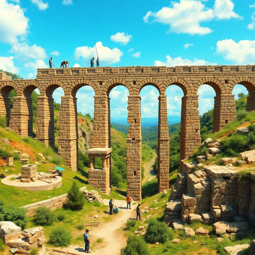 Depict the construction of an ancient Roman aqueduct, with workers diligently crafting the structure. The image should be expansive, showcasing the grandeur of Roman engineering in a lush landscape with blue skies. Rich textures of stone and mortar should be emphasized to highlight the labor involved.